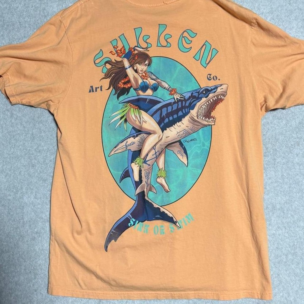 Sullen Art Co. Orange Lady Pinup Shark tee T Shirt Size XL